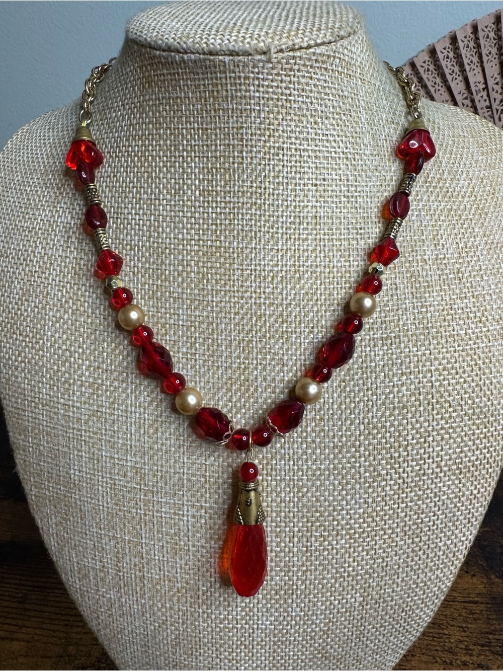 Vintage Red and Gold Glass Bead Necklace with Teardrop Pendant and Box Clasp